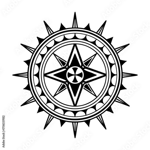 Ornate black and white compass rose with nautical star