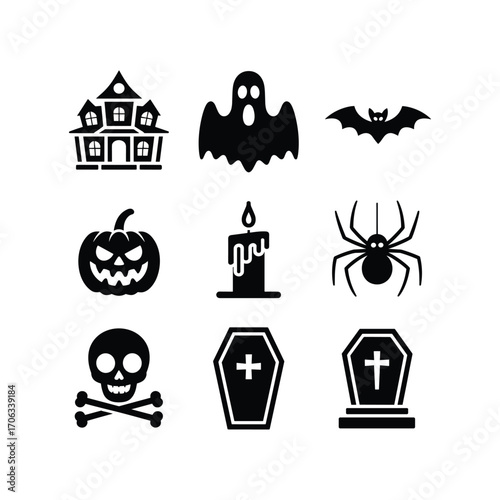 Spooky halloween icons collection featuring haunted house ghost bat pumpkin spider skull and coffins