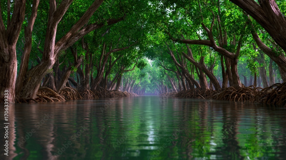 Fototapeta premium Lush Mangrove Forest with Waterway and Exposed Roots