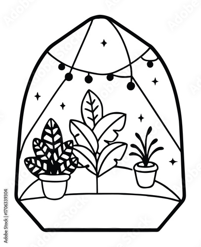 Geometric terrarium illustration with plants string lights and stars vector art