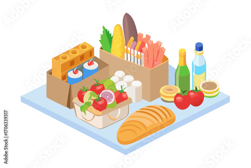Isometric view of food items including bread, fruits, vegetables, and drinks