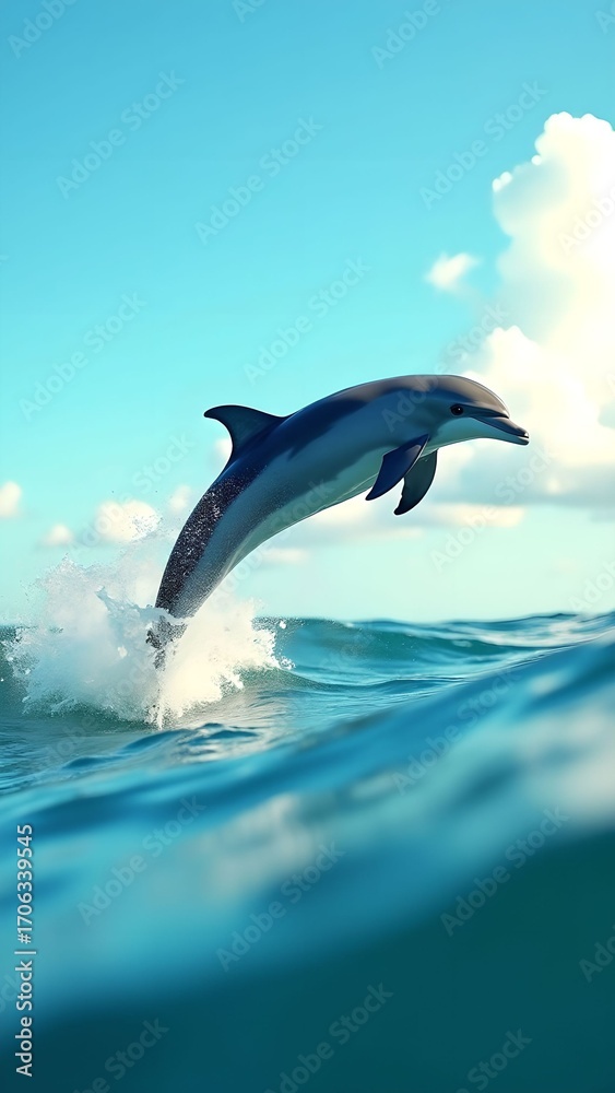 Fototapeta premium Dolphin leaps gracefully above ocean waves under a bright blue sky