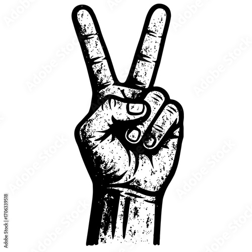 Distressed grunge V-sign hand gesture, powerfully symbolizing peace, victory, unity, and hope. This iconic two-finger salute conveys triumph and solidarity, perfect for protest art, social movements,