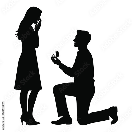 Romantic silhouette proposal moment man kneeling offering ring to woman silhouette silhouette