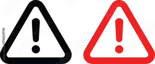 Warning alert icon set with exclamation mark in triangle, black and red outline style, ideal for safety, caution, or error UI indicators