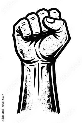 Powerful black and white vector illustration of a raised clenched fist, symbolizing strength, unity, revolution, and protest. A bold icon of resistance and solidarity, featuring a vintage grunge distr