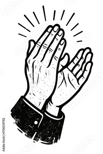 Distressed vintage clapping hands illustration. Black & white hand-drawn graphic representing applause, celebration, success, recognition, encouragement, praise, support, achievement. Retro grunge tex