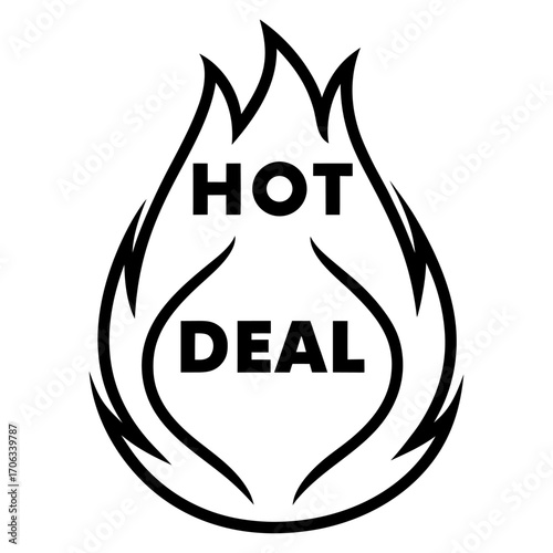 Bold black and white hot deal flame graphic