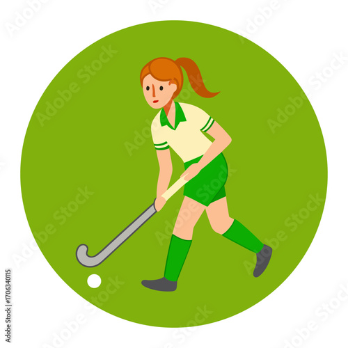 Young woman playing field hockey with a stick and ball