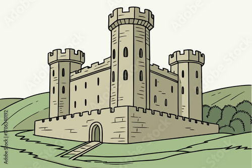 Drawing of medieval castle with tall towers, fortified walls, and central keep