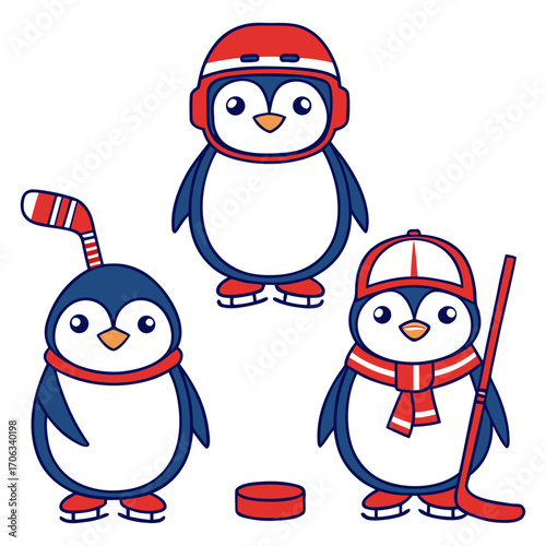 Three adorable cartoon penguins dressed for ice hockey fun
