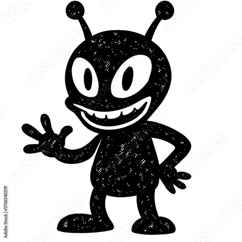 Friendly black cartoon alien mascot with large white oval eyes, wide toothy grin, and two prominent antennae, cheerfully waving. This charming retro-style extraterrestrial character, boasting a distin