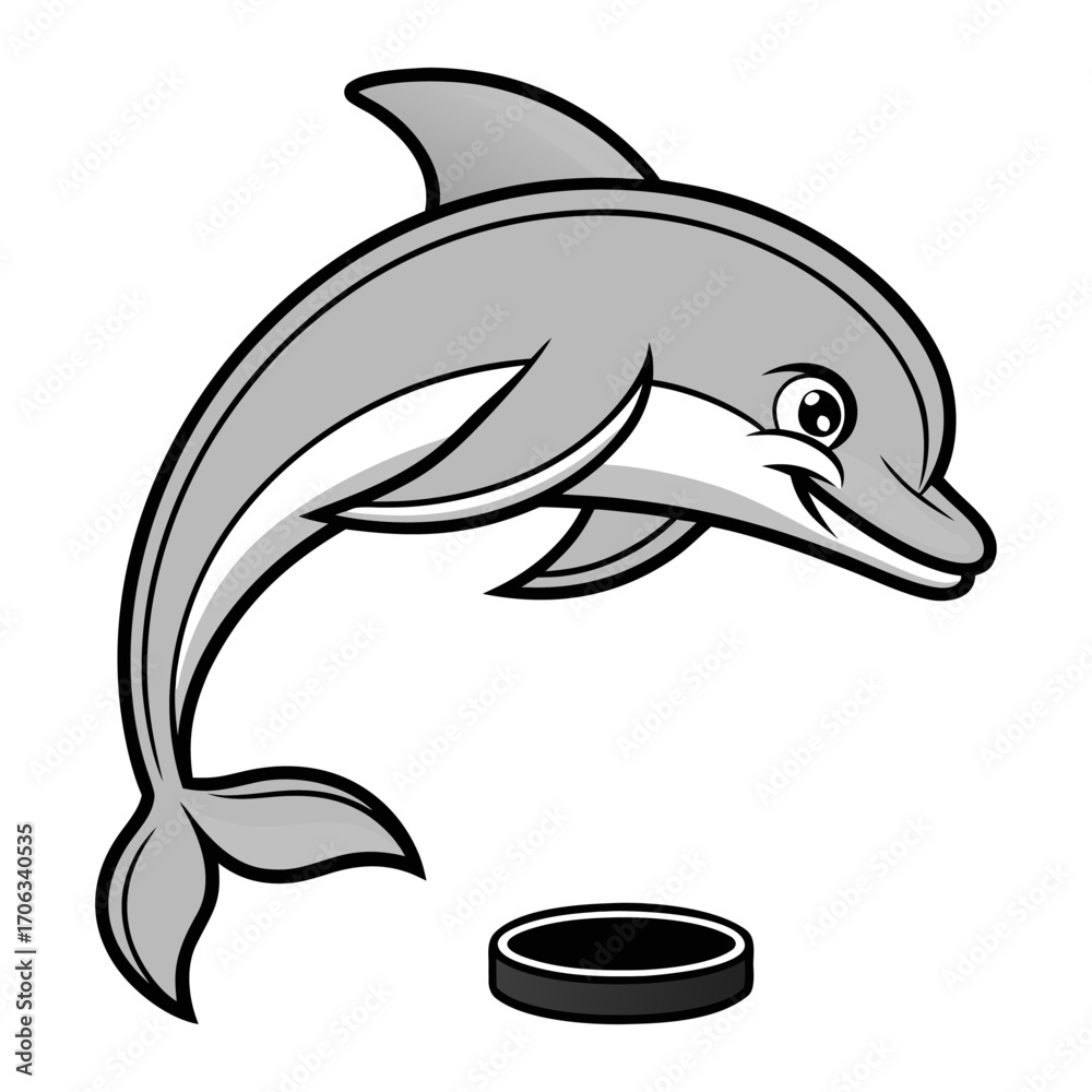 Fototapeta premium Cartoon dolphin leaping over a hockey puck