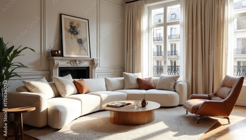 Fototapeta premium Chic Parisian apartment living room interior design. Modern sectional sofa, elegant leather armchair, wooden coffee table create comfortable, luxurious atmosphere. Sunlight streams through large