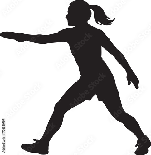 Female Disc Golfer Silhouette in Backhand Throw Athletic Action Vector Illustration for Outdoor Sport
