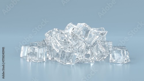 Many ice cubes on shiny blue background