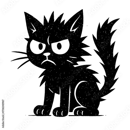 A stark, vector-style illustration of an agitated black cat with spiky fur, glaring with an angry, grumpy expression and downturned mouth, perfect for spooky Halloween designs, pet-themed apparel, or