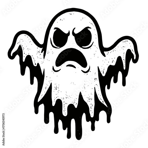 Distressed Black and White Angry Ghost Illustration with Dripping Melting Effect, Perfect for Halloween Decorations, Spooky Party Invites, Scary Apparel Designs, Haunted House Graphics, and Creepy Car