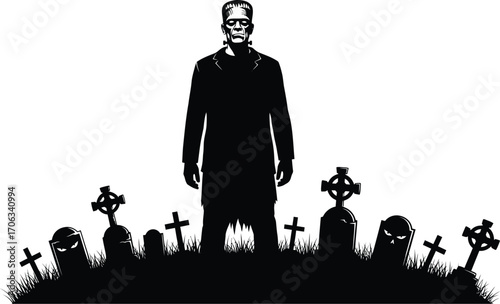 Frankenstein's monster standing in a graveyard with tombstones in silhouette