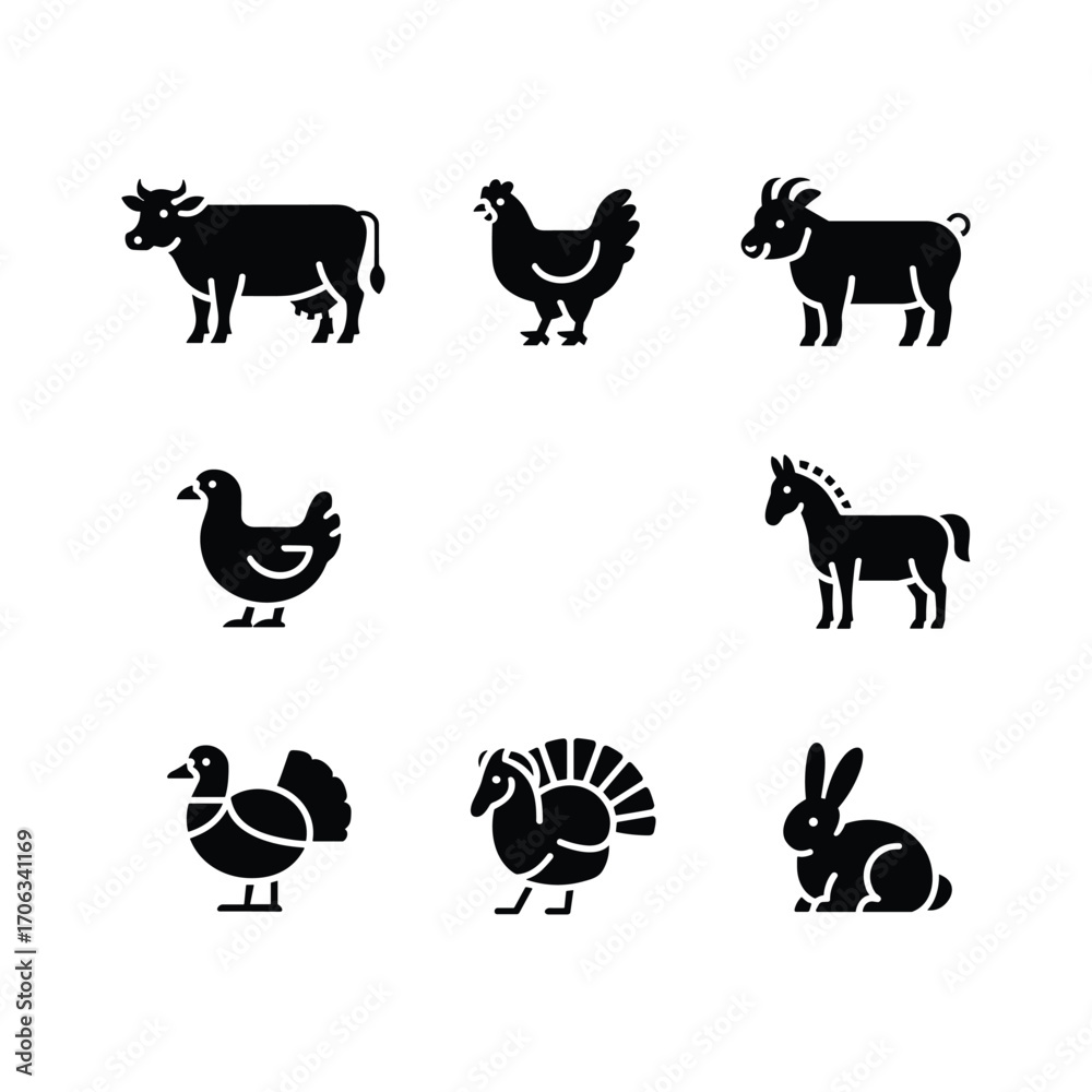Fototapeta premium Collection of silhouetted farm animals including cow chicken goat horse duck turkey rabbit