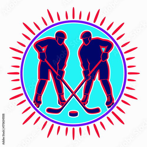 Two hockey players silhouetted in a circle with a puck