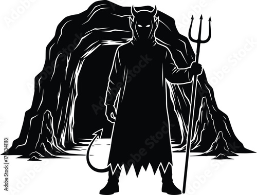 Silhouette of a devil standing in front of a cave holding a trident in hand