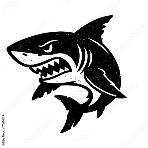 Aggressive, powerful, black white shark mascot logo. Fierce predator with open jaws, sharp teeth, intense eyes. Embodies raw strength, ocean dominance, untamed spirit, danger. Ideal for sports, brandi