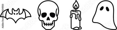 Halloween icons featuring a bat skull candle and ghost on a white background