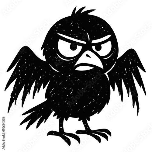 Furious Black Cartoon Bird Vector Illustration: An Intensely Grumpy Character with Angry Scowl, Distressed Grunge Texture, and Striking White Eyes. Ideal Raven or Crow Silhouette Graphic for T-Shirts,