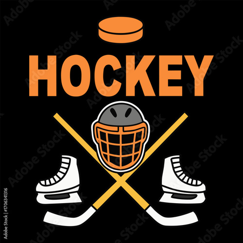 Hockey equipment and puck on black background