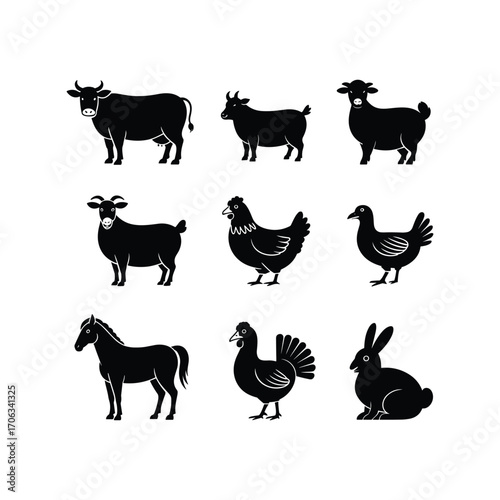 Collection of farm animal silhouettes including cow goat sheep chicken horse rabbit