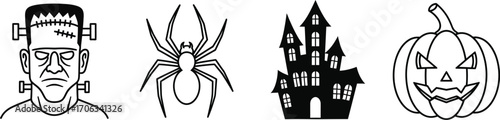 Halloween icons featuring frankenstein spider haunted house and jack o lantern