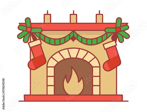 Festive Christmas fireplace illustration with stockings and garland decoration for seasonal cheer