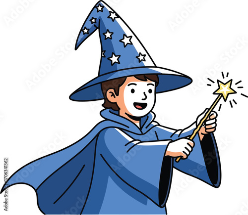 Young wizard casting a spell with a magic wand wearing a blue robe and hat with stars