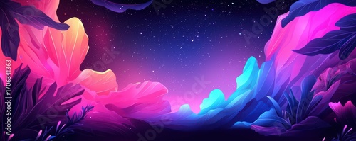 A vibrant, abstract landscape featuring colorful foliage under a starry night sky, blending hues of pink, purple, and blue for a surreal atmosphere.
