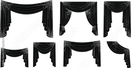 Black halloween curtains with spiderwebs for spooky season decorations and design