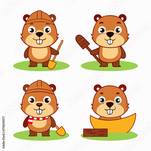 Four cute cartoon groundhogs engaged in various activities