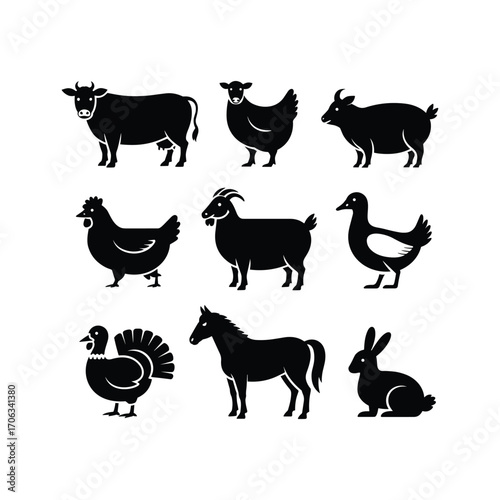 Farm animal silhouettes collection featuring cow chicken goat horse duck rabbit and turkey