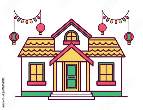 Colorful house vector illustration with festive lights and lanterns decoration