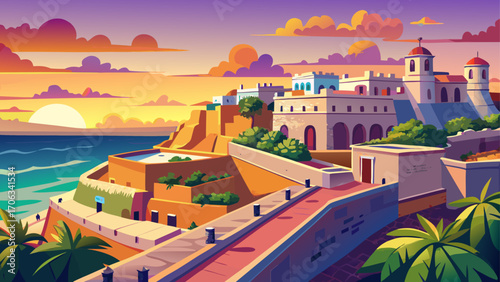 Campeche Historic Fortified Town, Mexico, its pastel facades and massive stone walls overlook the Gulf of Mexico, glowing warmly beneath a gentle coastal sunset.