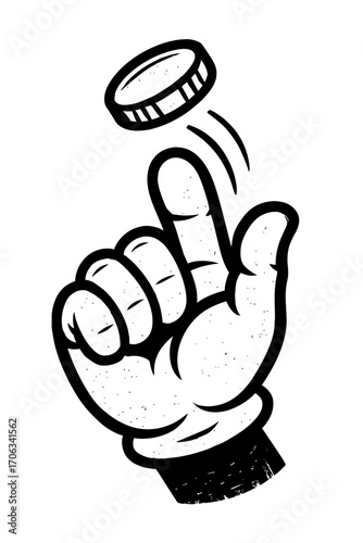 Dynamic black and white retro cartoon of a gloved hand flipping a coin, symbolizing crucial decision, chance, luck, risk, and uncertain fate. Perfect for themes of choice, opportunity, strategic think