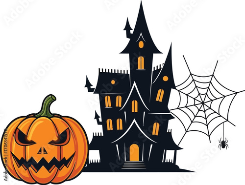 Spooky halloween night scene with haunted house pumpkin spiderweb and full moon