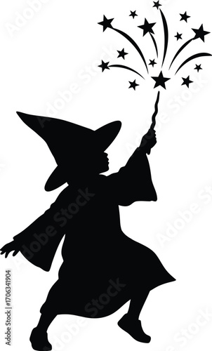 Silhouette of a young wizard casting a star spell with a magic wand in the dark