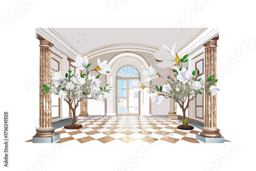 Elegant ballroom interior with checkered floor, classical columns, and white floral arrangements, creating a luxurious and grand atmosphere for events