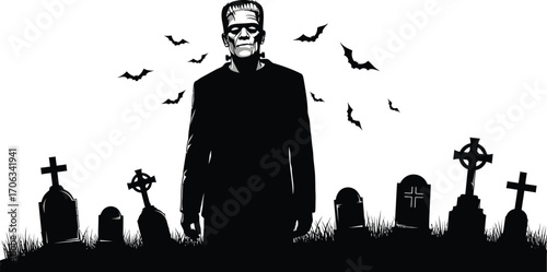 Frankenstein's monster standing in a graveyard with bats flying around him