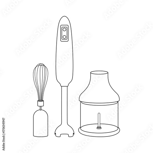 Kitchen hand blender with whisk and chopper accessories. Vector line illustration for cooking, recipe design, food blogs, and household themes.