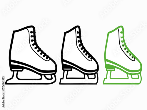 Three ice skates one green and two black and white line drawings