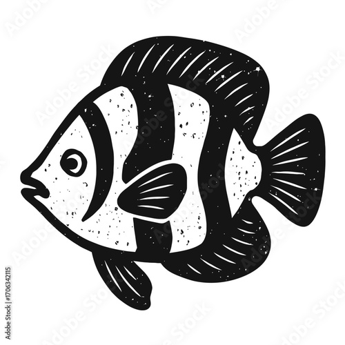 Striking black and white distressed striped tropical fish illustration, a hand-drawn vector artwork showcasing a grunge linocut texture. Ideal for unique marine life designs, nautical themes, and capt