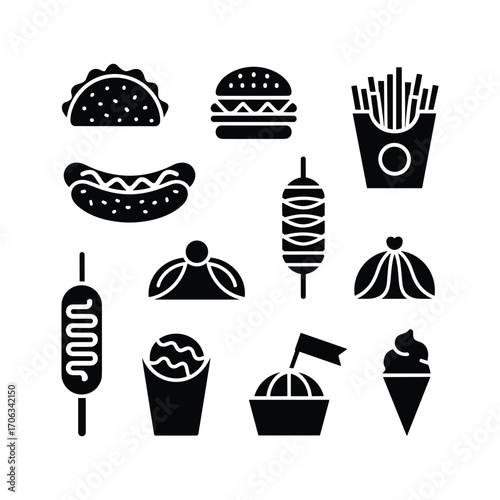 Collection of popular fast food icons presented as simple black silhouettes on a plain backdrop