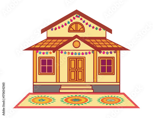 Festive decorated home for celebration welcoming guests with rangoli art